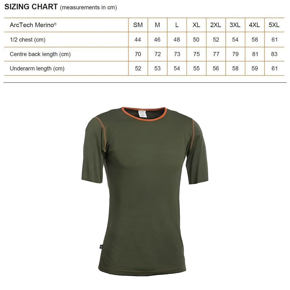 Arc flash Short Sleeve Top HRC2 Sizing Chart