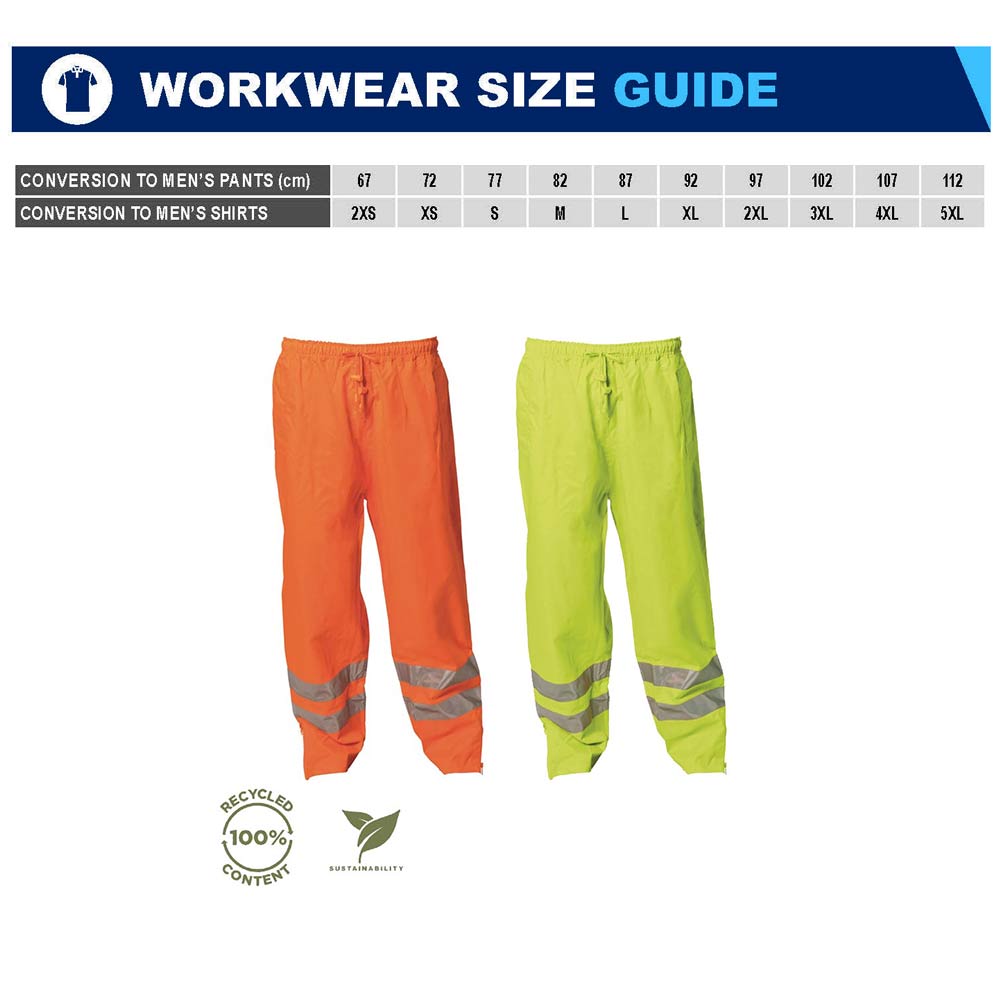 Recycled Hi-Vis Taped Rain Pants Sizing Guide - WS Workwear